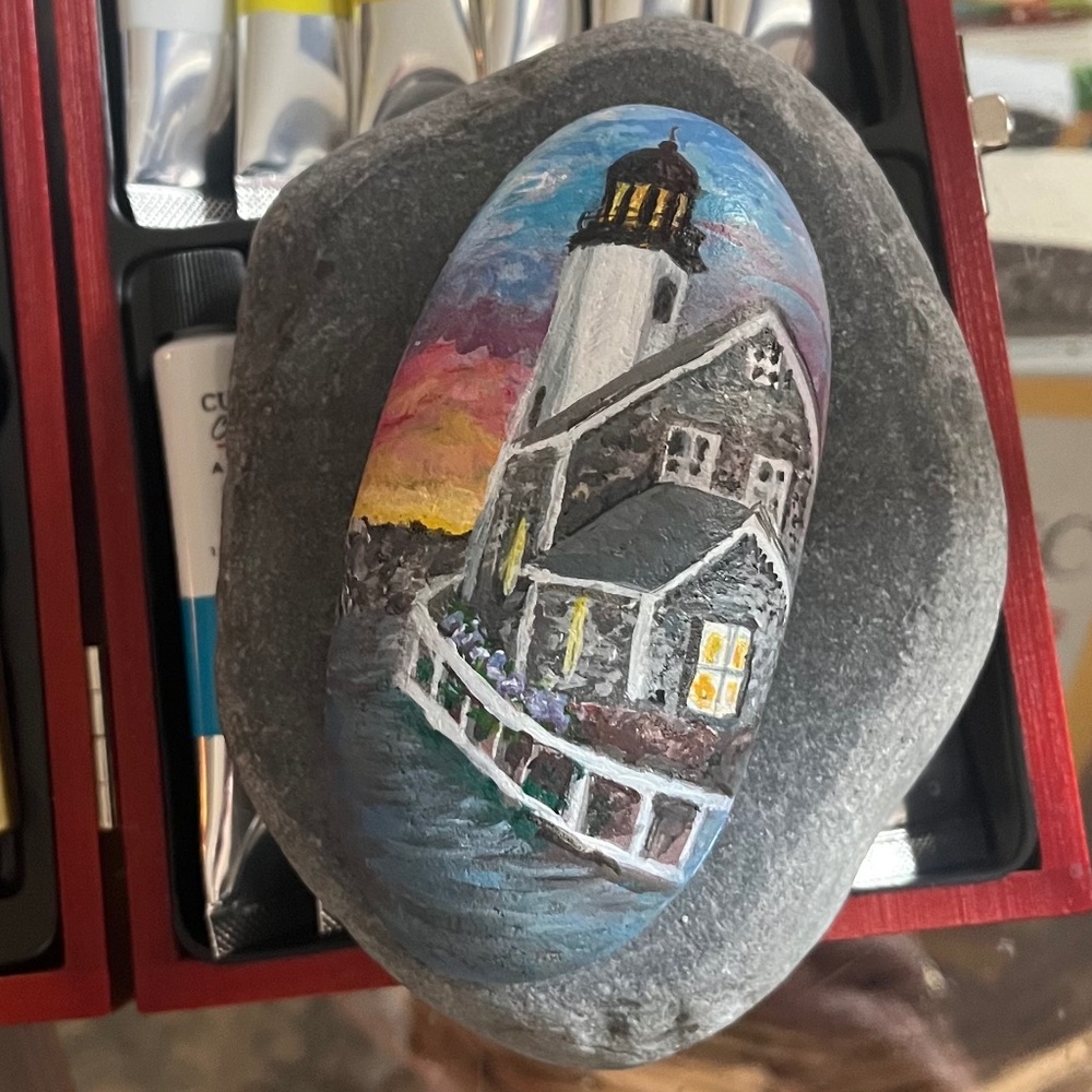 Scituate Light house hand painted beach stone